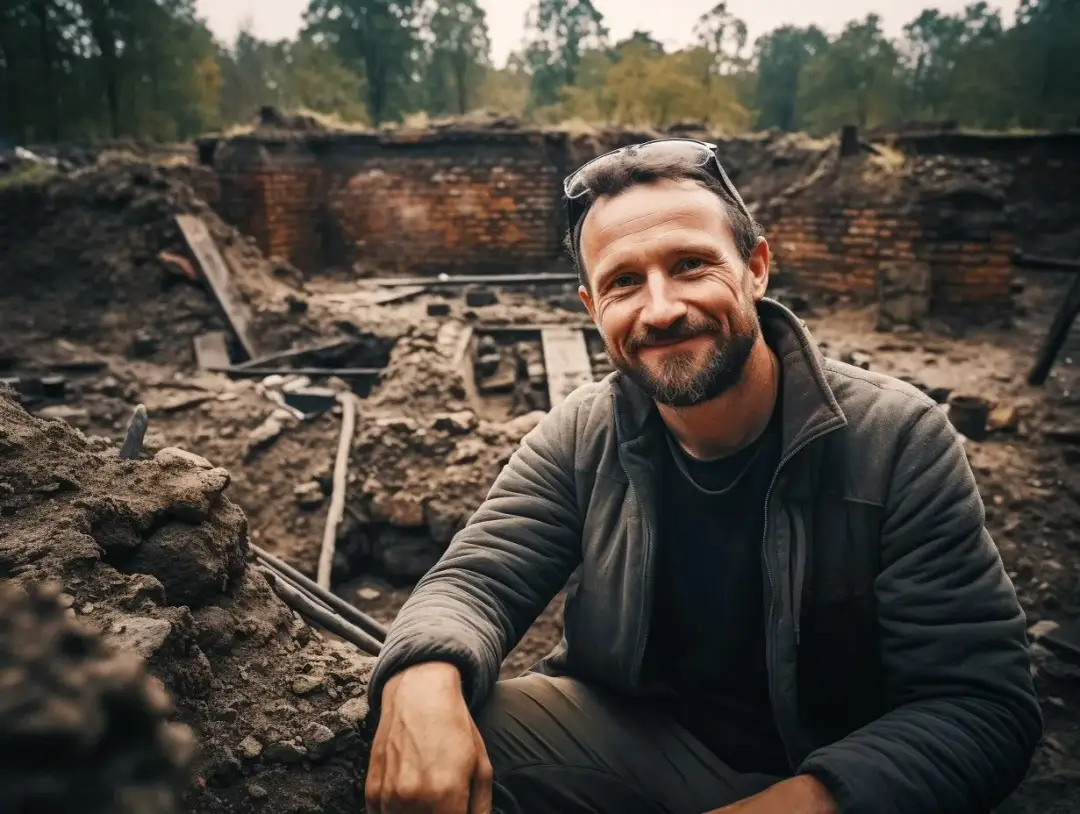 Uśmiechnięty mężczyzna na wykopaliskach, marzący o tym, jak zostać archeologiem. Odkrywa tajemnice przeszłości.