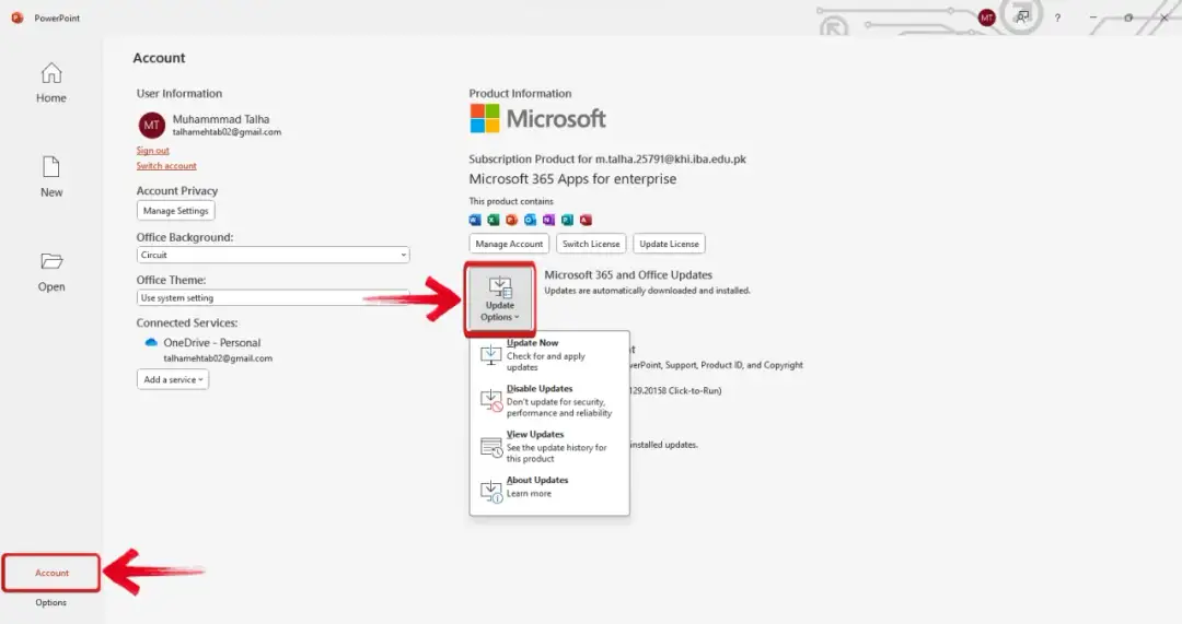 Wybierz "Update Options", aby sprawdzić, jak pobrać PowerPoint i inne aktualizacje.