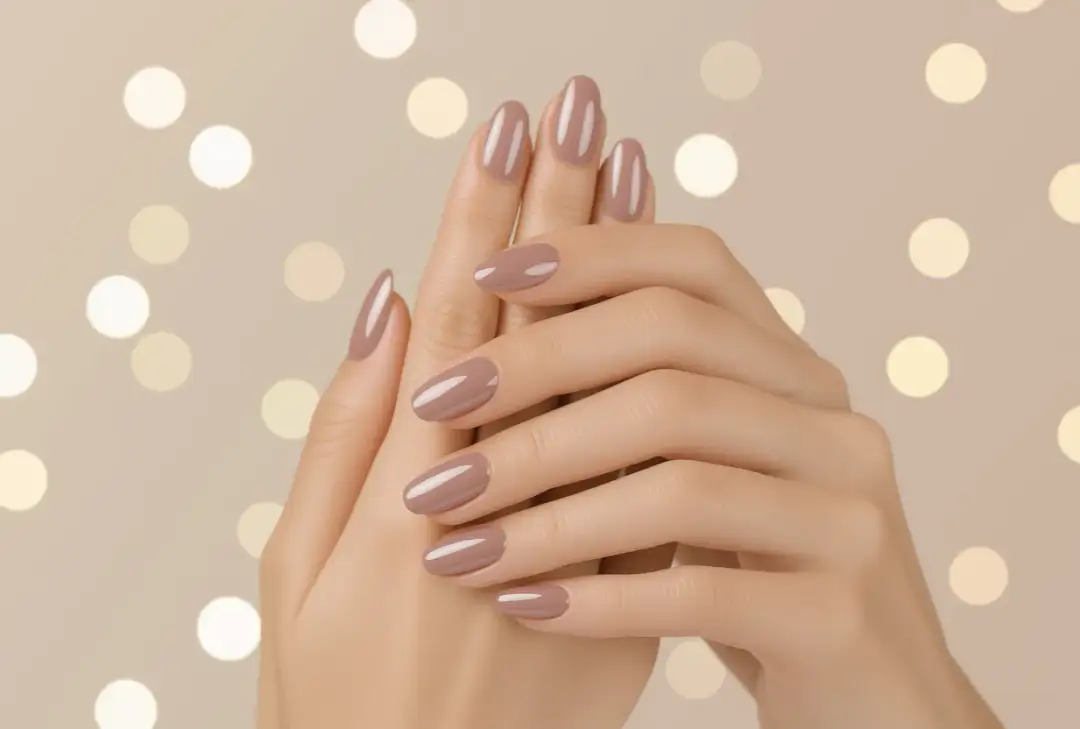 Dłonie z idealnym, beżowym manicure. Paznokcie do opuszka, zadbane i lśniące, na tle rozmytych światełek.