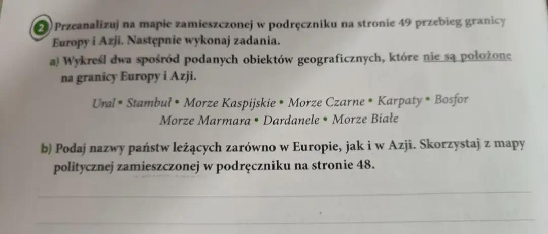Zadanie 2a pyta, czy Morze Białe leży na granicy Europy i Azji, podając listę obiektów geograficznych.