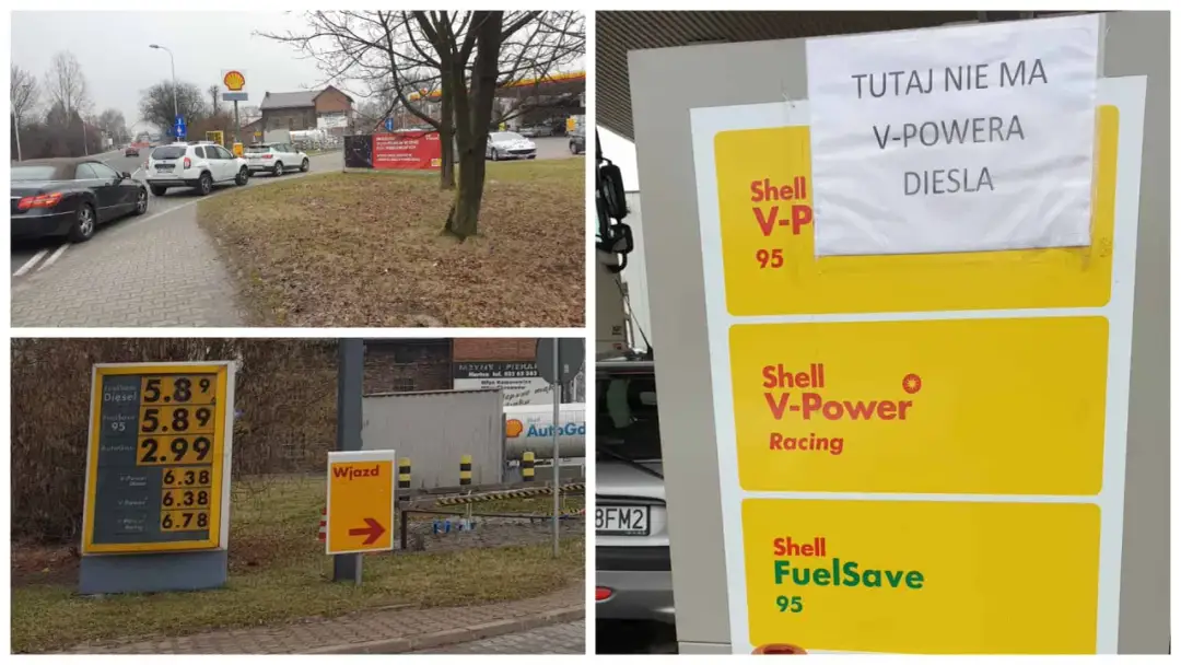 Na stacji Shell widać ceny paliw, w tym V-Power Diesel. Tablica informuje: "Tutaj nie ma V-Powera Diesla".