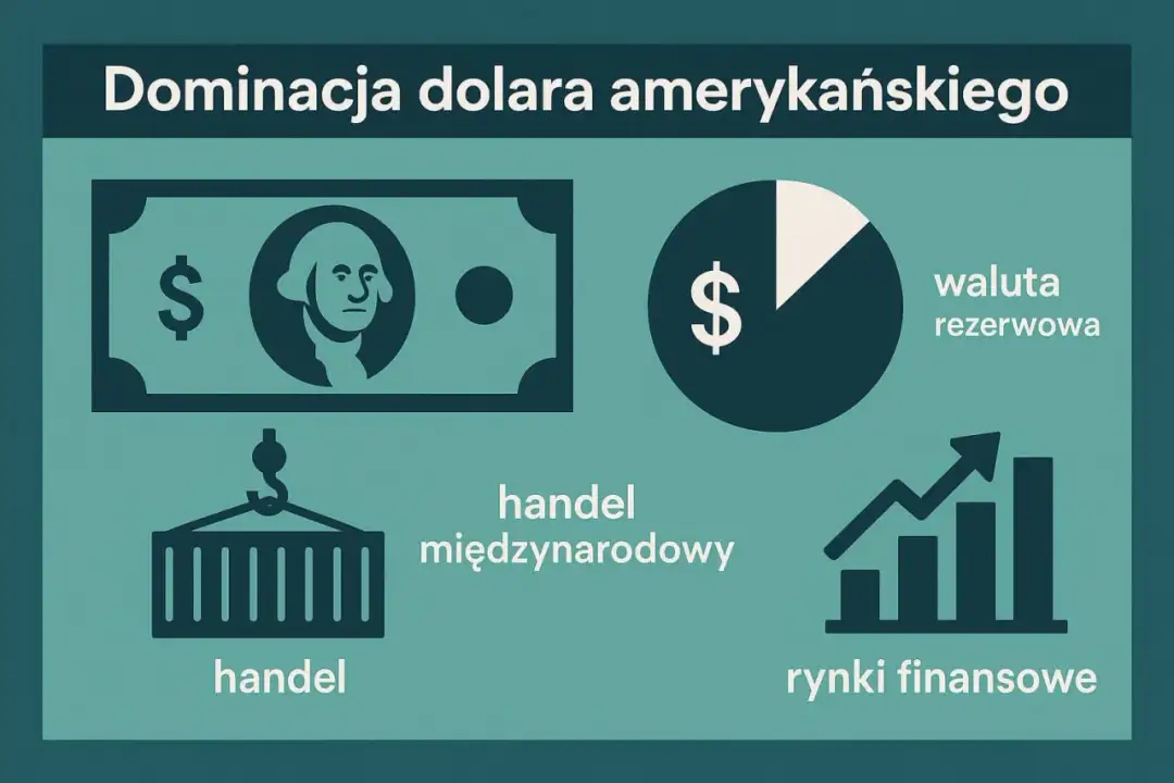 Grafika przedstawia banknot z symbolem dolara, wykres kołowy, kontener na haku i wykres słupkowy.