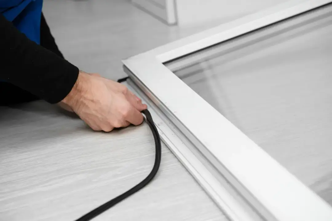 Ręce wkładają uszczelkę wciskana do drzwi montaż. Dbałość o detale podczas instalacji.