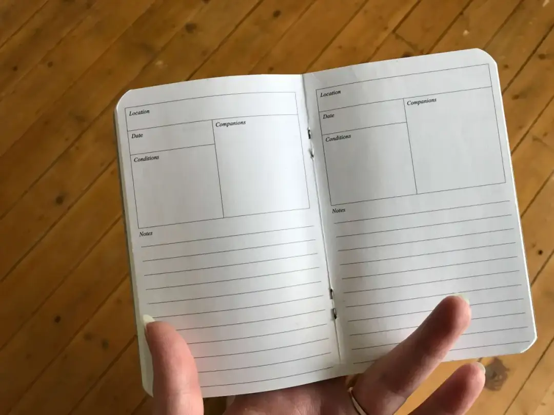 Otwarty mały notes kieszonkowy z polami na lokalizację, datę, towarzystwo i notatki. Idealny do zapisywania wspomnień z podróży.