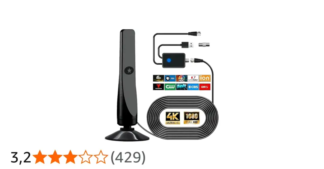 Antena HDTV z logotypami kanałów i oznaczeniami 4K/1080p.