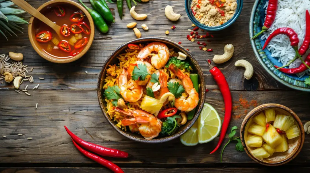 Ryż po tajsku z krewetkami, ananasem i orzechami nerkowca