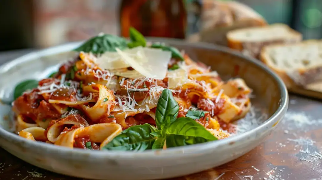 Makaron z sosem pomidorowym, parmezanem, bazylią i oliwą z oliwek