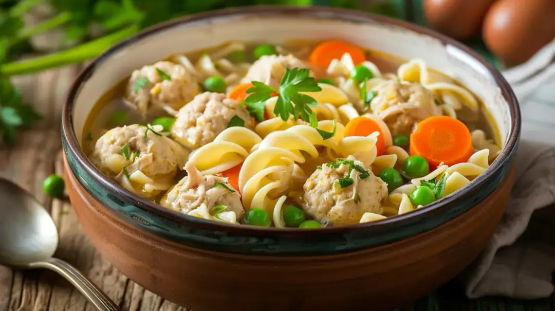Zupa z makaronem, warzywami i pulpecikami drobiowymi