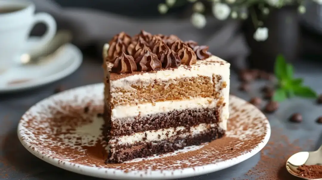 Tort kawowy z bezą, kremem mascarpone i polewą czekoladową