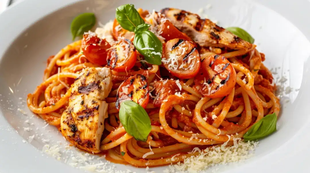 Pesto czerwone z makaronem spaghetti, kurczakiem i pomidorami