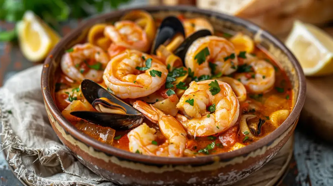 Zupa z owocami morza: krewetkami, kalmarami i małżami