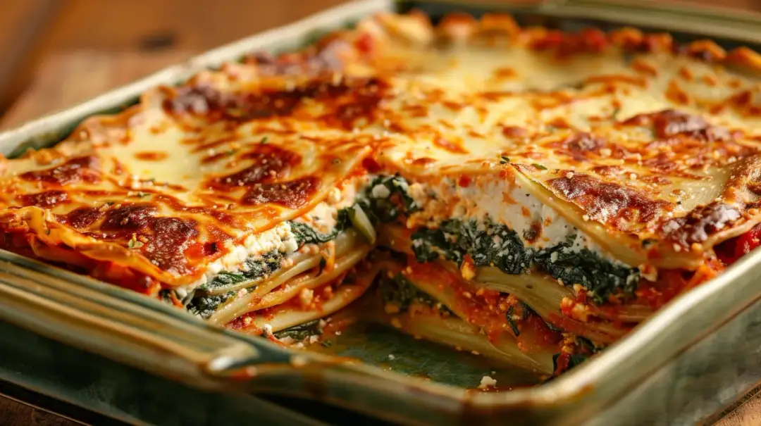 Lazania ze szpinakiem, fetą, sosem pomidorowym i beszamelem