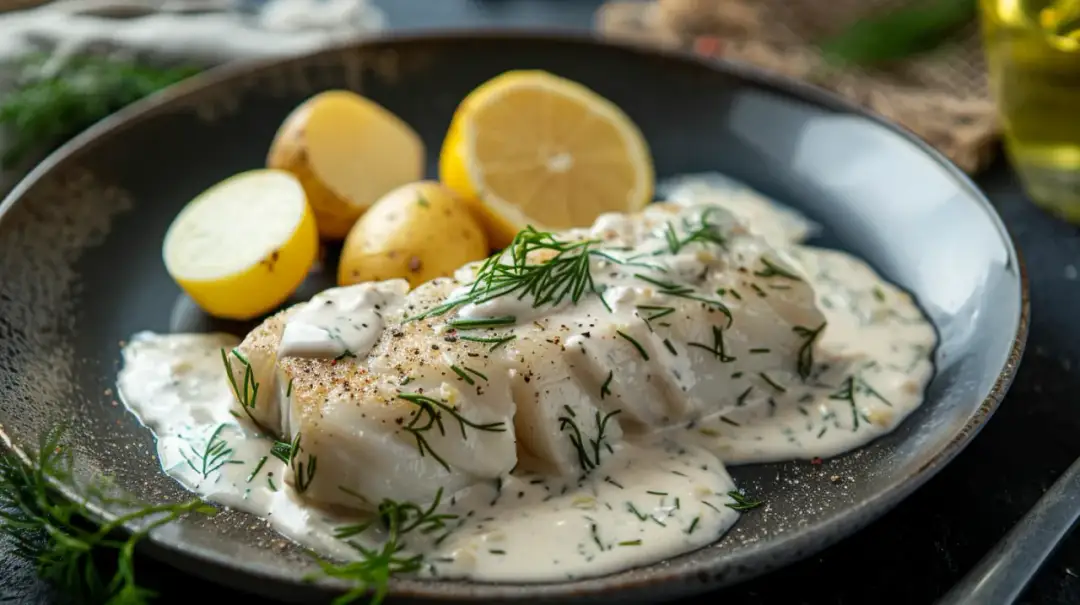 Dorsz w sosie śmietanowym z koperkiem, cytryną i ziemniakami