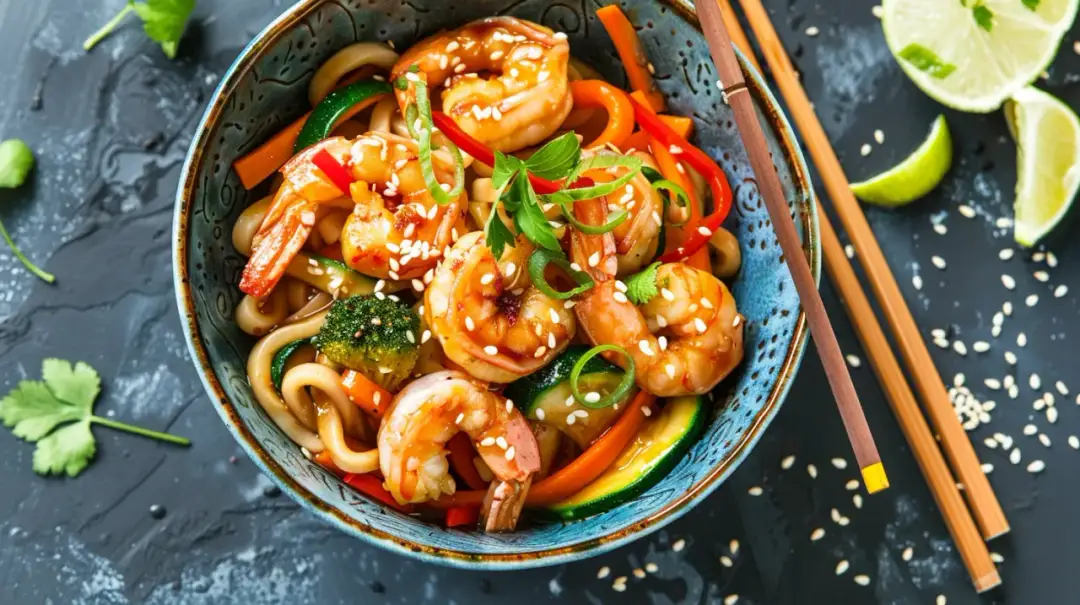 Makaron udon z krewetkami, warzywami, sosem ostrygowym i sezamem