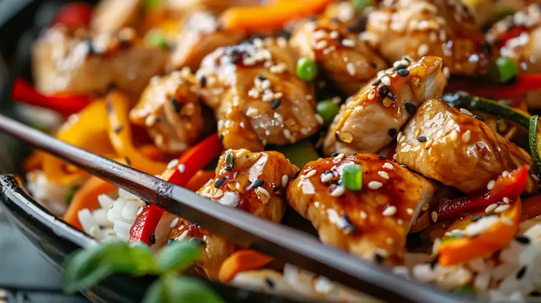 Kurczak w sosie sojowym z warzywami, ryżem i sezamem