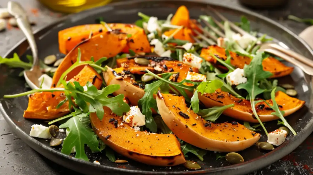 Sałatka z pieczonej dyni, rukoli, sera feta i pestek dyni
