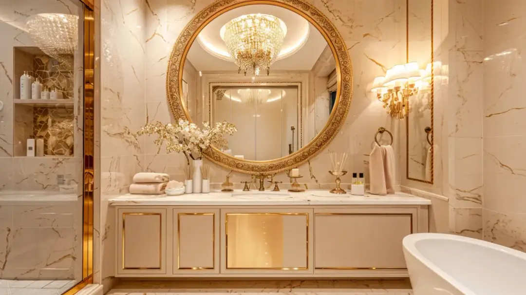 Czy okrągłe lustro w złotej ramie doda blasku Twojej łazience?