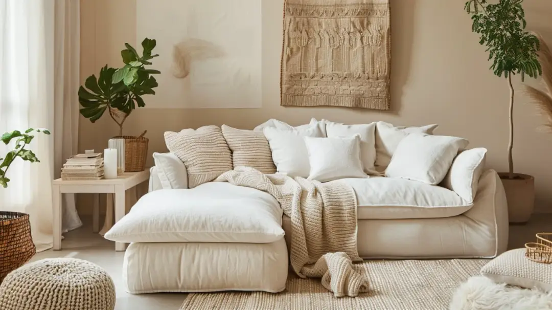 Przytulna aranżacja biało-beżowego salonu w domu jednorodzinnym