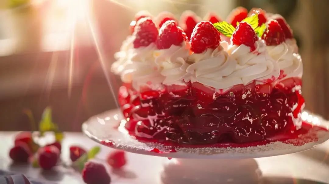 Ciasto z owocami sezonowymi, galaretką i pianką śmietanową