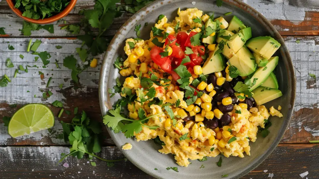 Jajka po meksykańsku z fasolą, kukurydzą i awokado