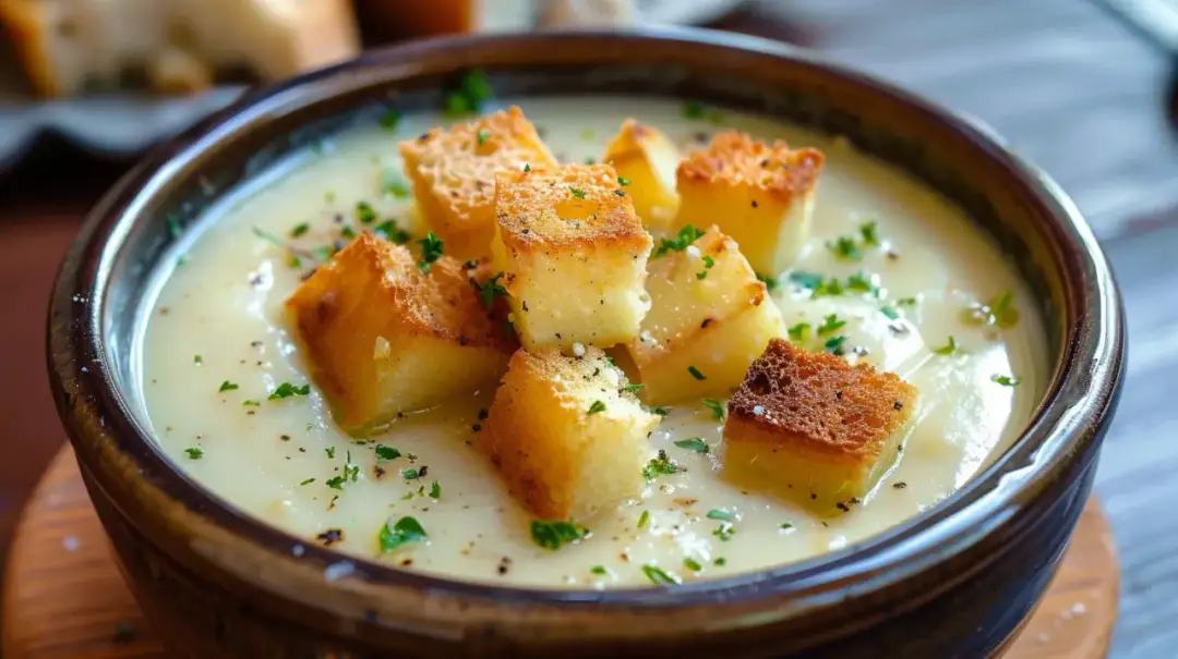 Krem z ziemniaka, pora, śmietany z grzankami czosnkowymi