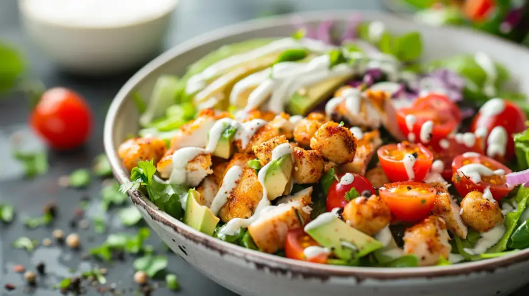 Sałatka z kurczakiem, awokado, pomidorami i sosem jogurtowym