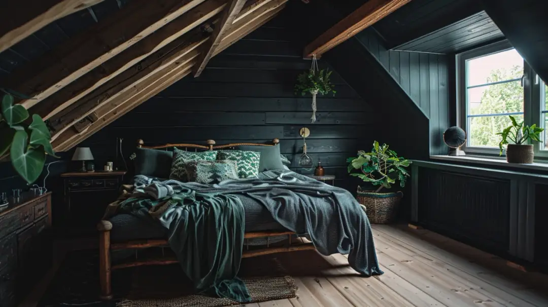 Aranżacja i inspiracje dla ciemnej sypialni na poddaszu