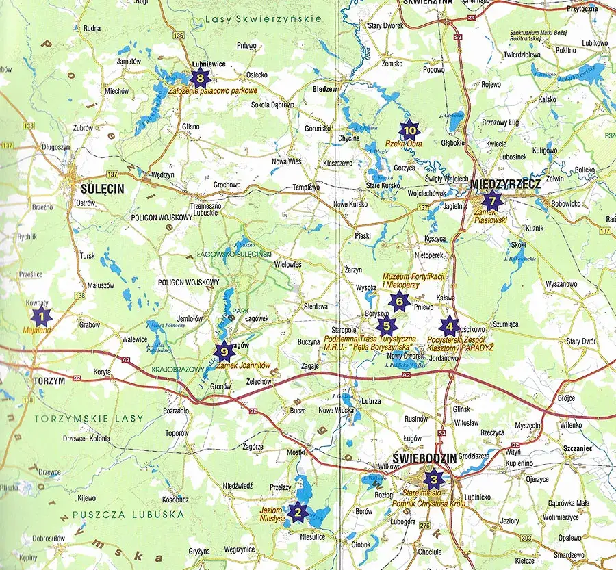 Pojezierze Lubuskie: Szczegółowa mapa regionu z atrakcjami