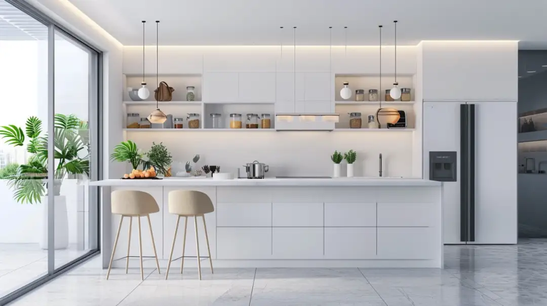 Biała kuchnia do sufitu - funkcjonalność w górnej półce wzornictwa