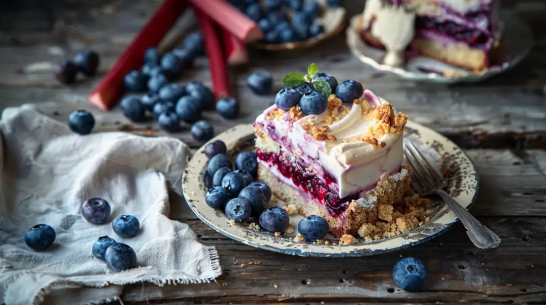 Ciasto na maślance z rabarbarem, bezą i kruszonką migdałową