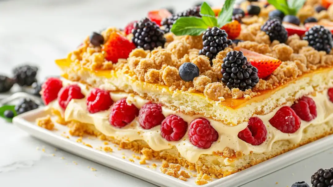 Ciasto na dużą blachę z owocami, kruszonką i budyniowym kremem