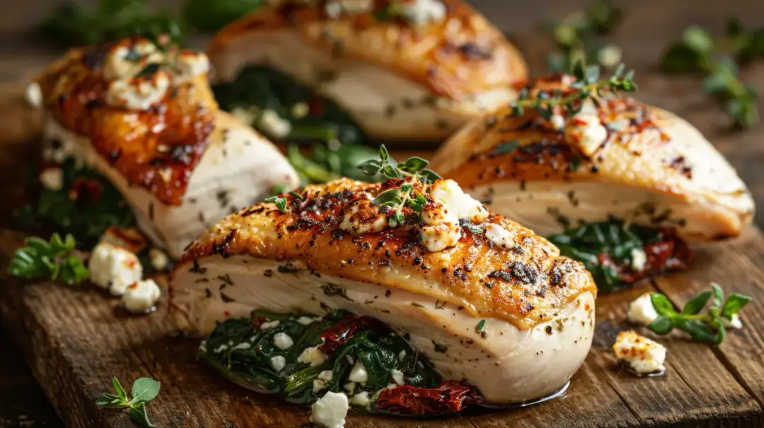 Filet z kurczaka nadziewany szpinakiem, serem feta i suszonymi pomidorami
