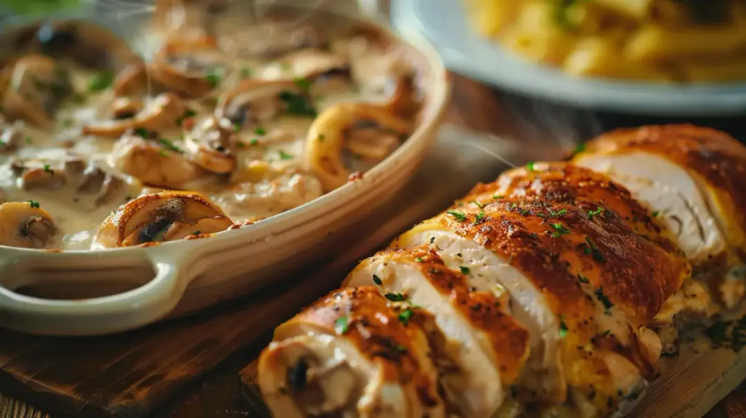Zapiekanka lub rolada z kurczakiem, pieczarkami i serem - przepis