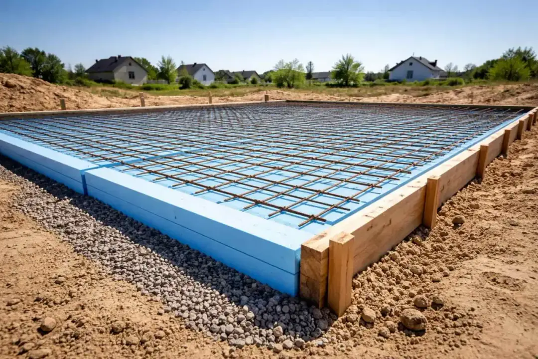 Płyta fundamentowa z niebieskim XPS, zbrojeniem i szalunkiem. Dobre ocieplenie to podstawa, ile XPS pod płytę fundamentową?