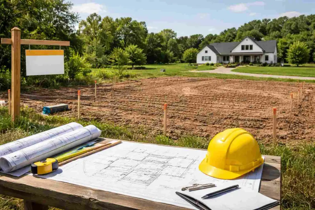 Plany domu na dużej działce pod budowę. Na stole leżą projekty, miarka i żółty kask. W tle widać przygotowany teren i dom.