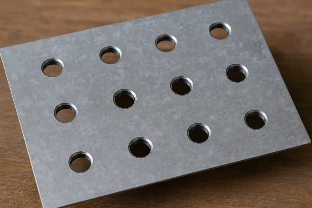 Metalowa płytka z rzędem otworów na drewnianym tle.