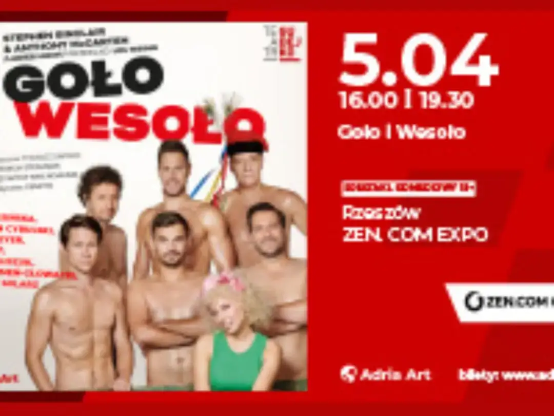 Plakat "Goło i wesoło" w Warszawie. Grupa rozebranych mężczyzn i jedna kobieta na tle czerwonego tła z datą 5.04.