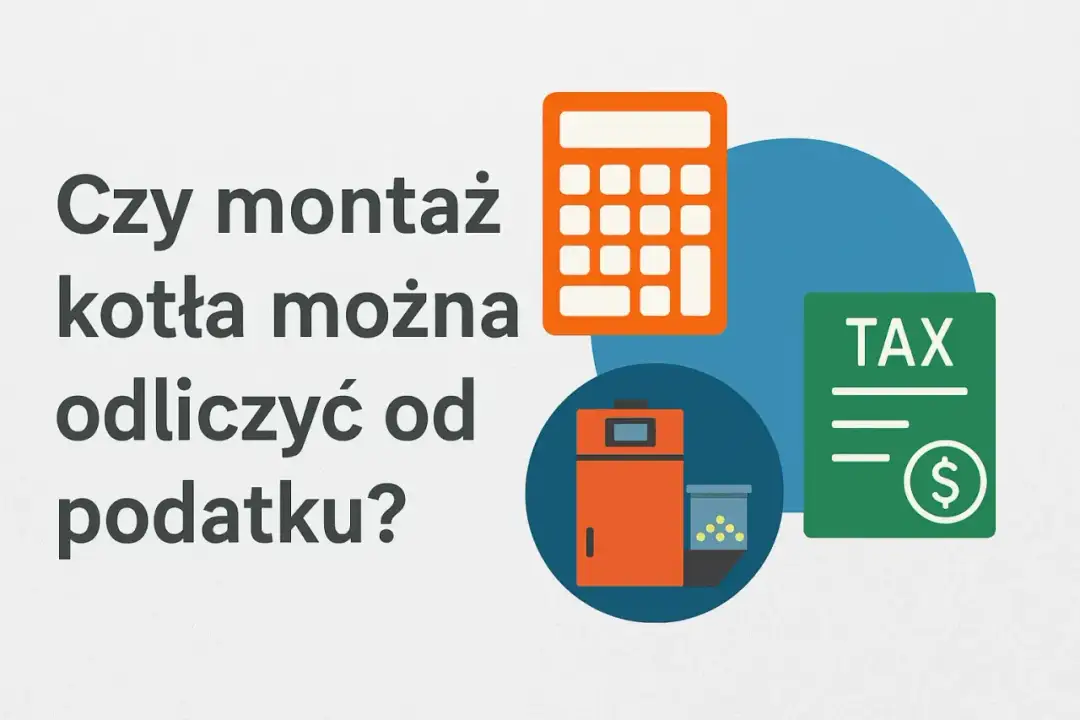 Grafika z kotłem na pellet, kalkulatorem i dokumentem TAX.