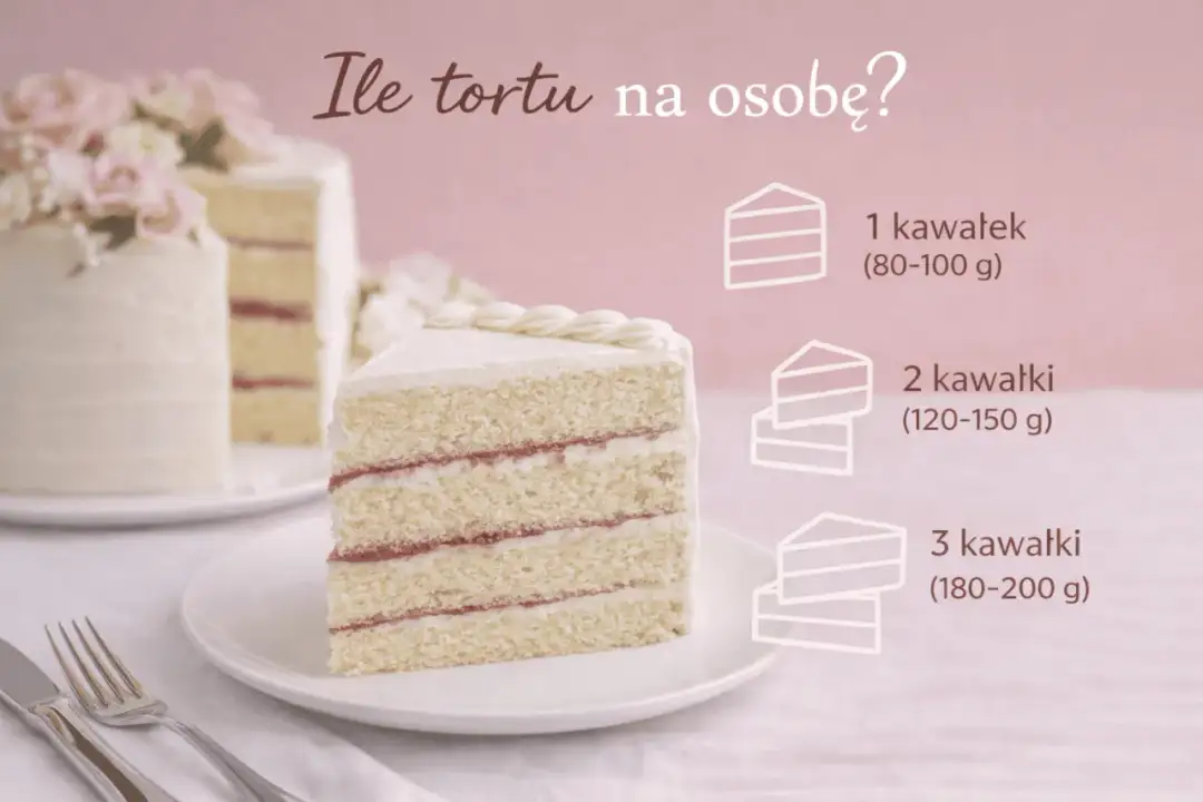 Ile tortu na osobę? Poradnik podpowiada: 1 kawałek (80-100g), 2 kawałki (120-150g) lub 3 kawałki (180-200g).