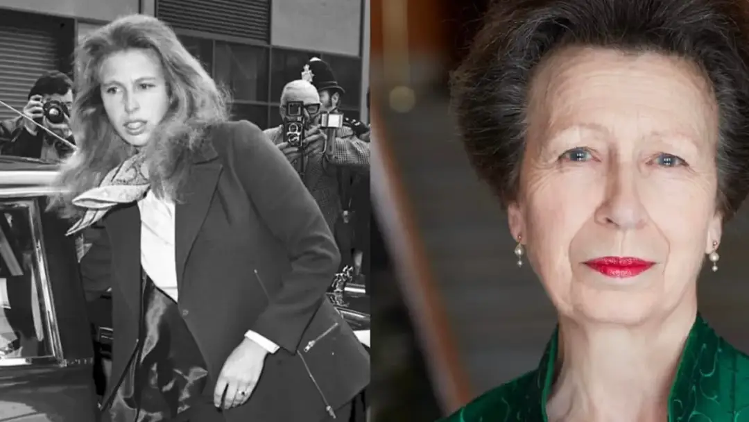 Księżniczka Anna, siostra Karola III, jako młoda kobieta otoczona przez paparazzi i jako starsza dama.