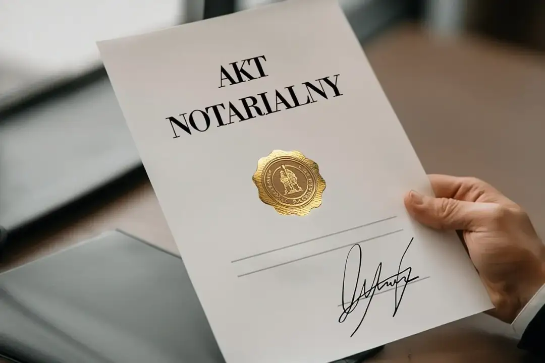 Dłoń trzyma dokument "Akt Notarialny" z pieczęcią. Numer aktu notarialnego jest widoczny na dokumencie.