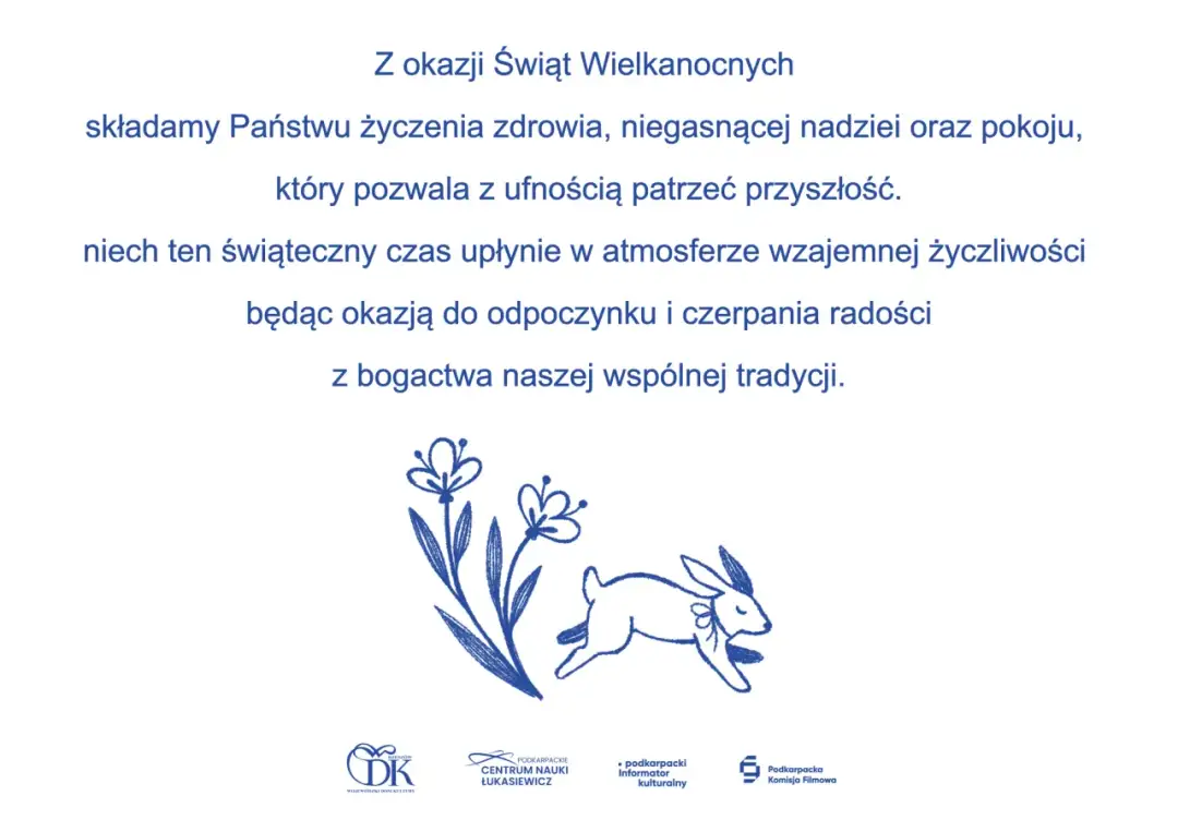 Prefacja na dziś: z okazji Świąt Wielkanocnych życzymy zdrowia, nadziei i pokoju. Zając skacze wśród kwiatów.