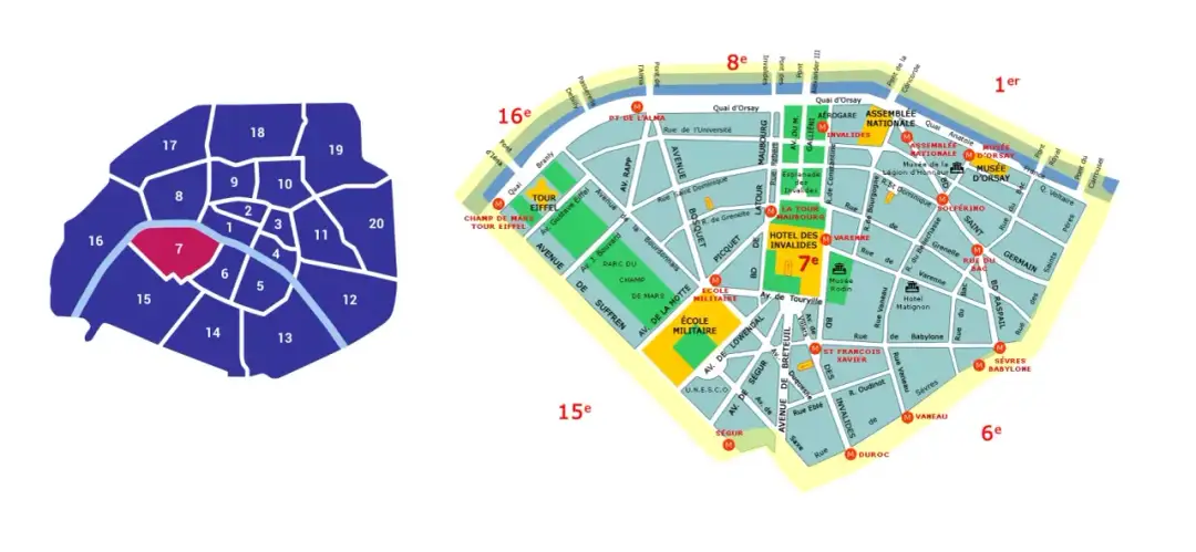 Mapa Paryża z zaznaczoną na czerwono 7 dzielnicą. Widać tu m.in. Wieżę Eiffla, Pola Marsowe i Hotel Inwalidów.