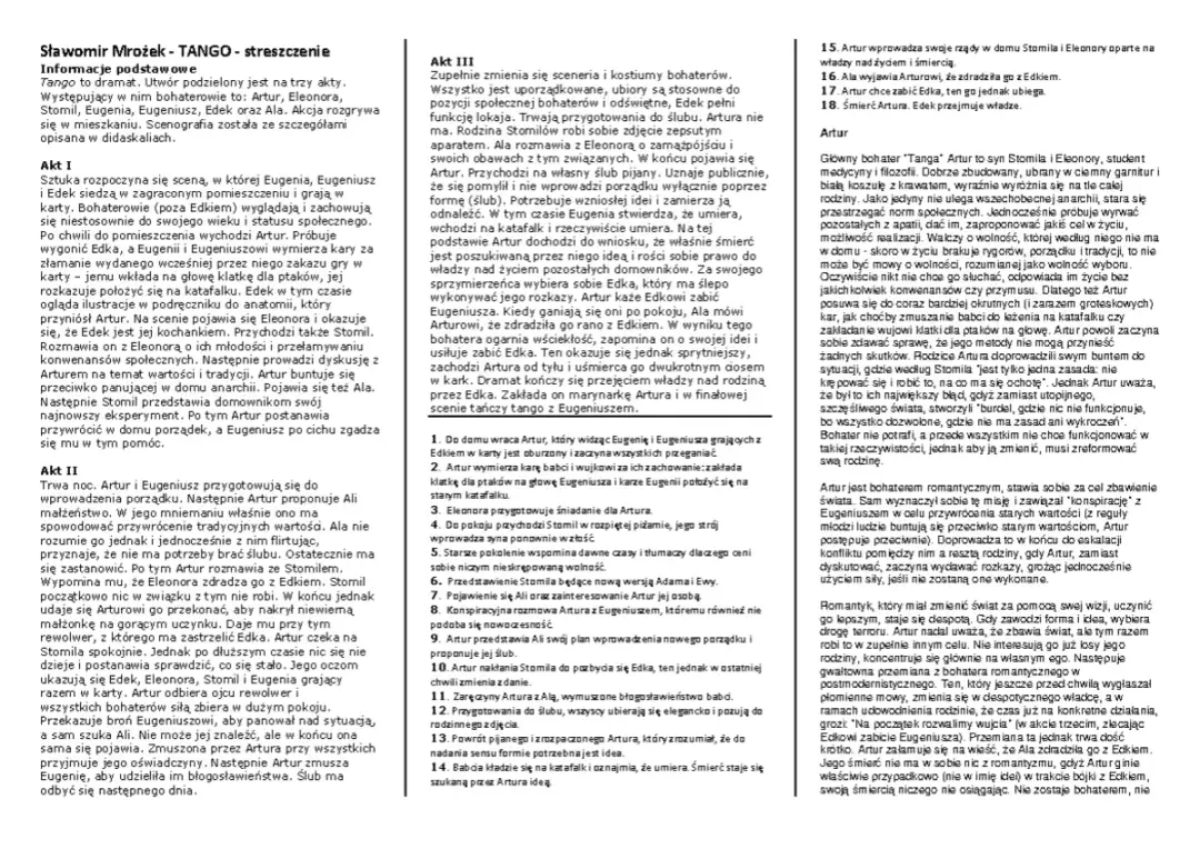 Szczegółowe streszczenie "Tanga": Artur próbuje zaprowadzić porządek w domu, ale jego metody stają się coraz bardziej brutalne. Dramat kończy się śmiercią Artura i przejęciem władzy przez Edka.