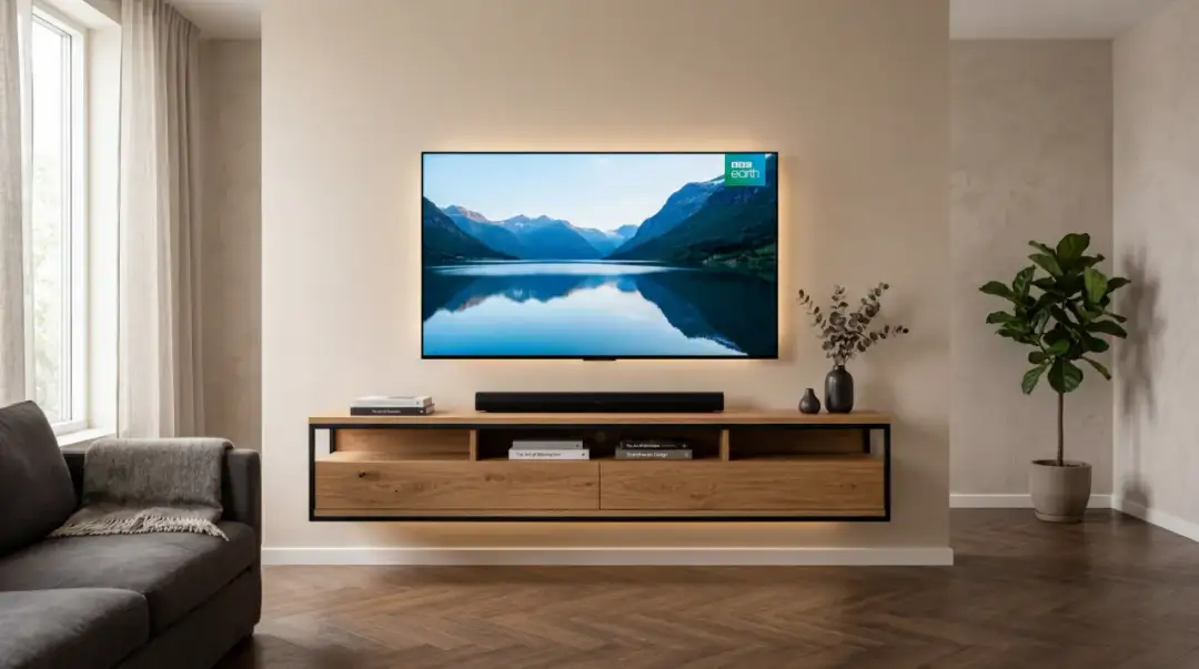 Nowoczesna ściana z telewizorem: wisząca szafka RTV z drewna, czarny soundbar i duży ekran z widokiem na góry.