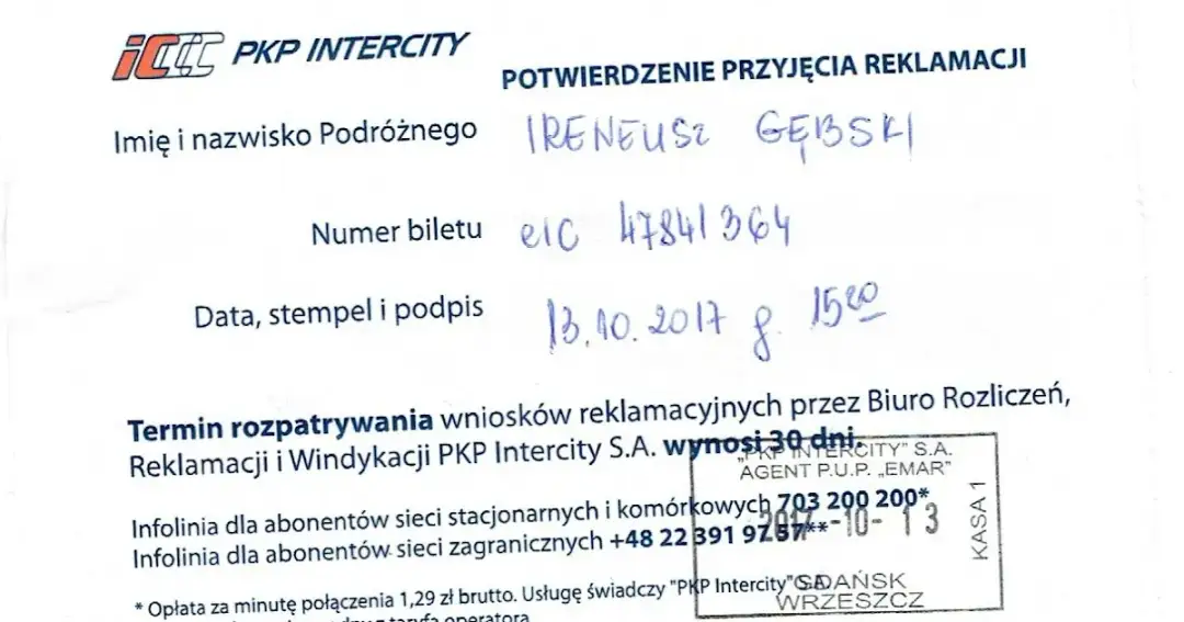 Reklamacja Intercity: Ile czasu? Rok na skargę, 30 dni na decyzję