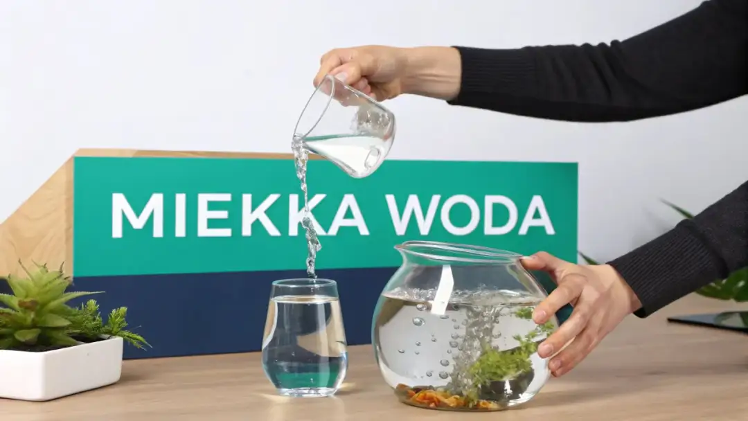 Osoba przelewa wodę do akwarium, pokazując, jak zmiękczyć wodę w akwarium. Na tle napis "MIĘKKA WODA".