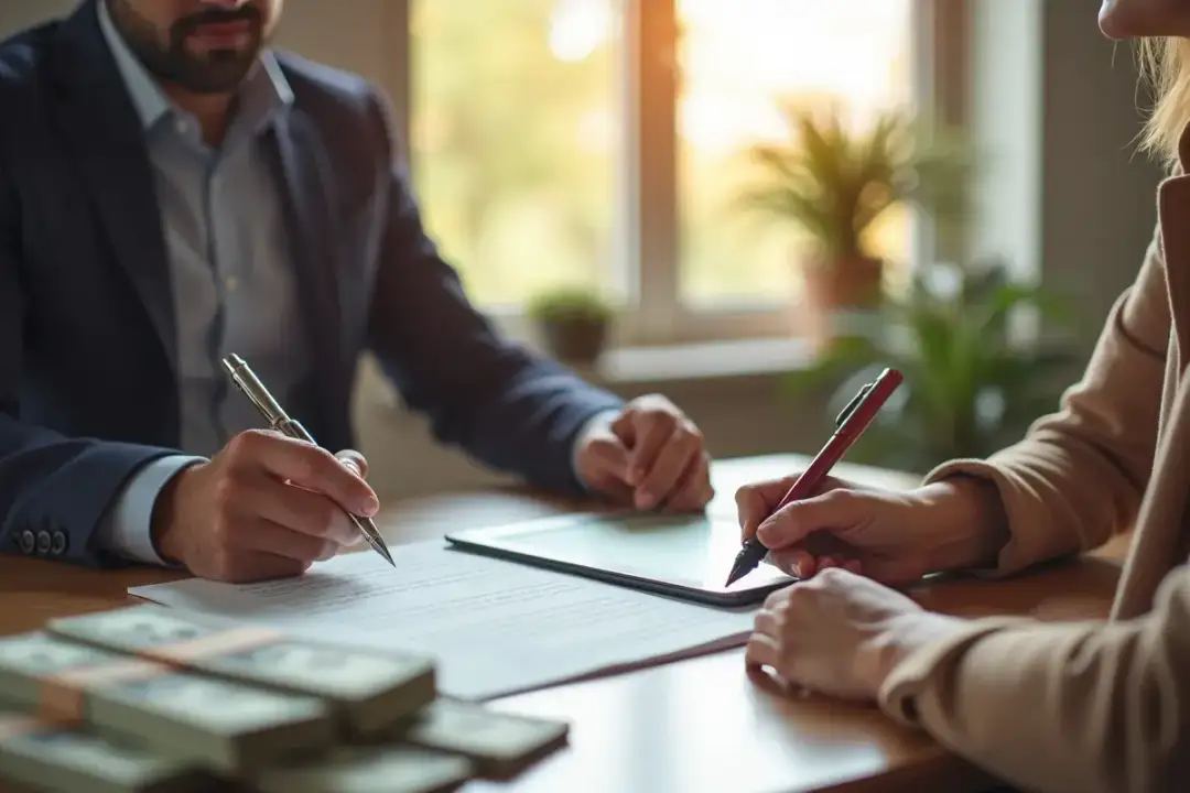 Dwie osoby podpisują dokumenty, obok leżą stosy pieniędzy.