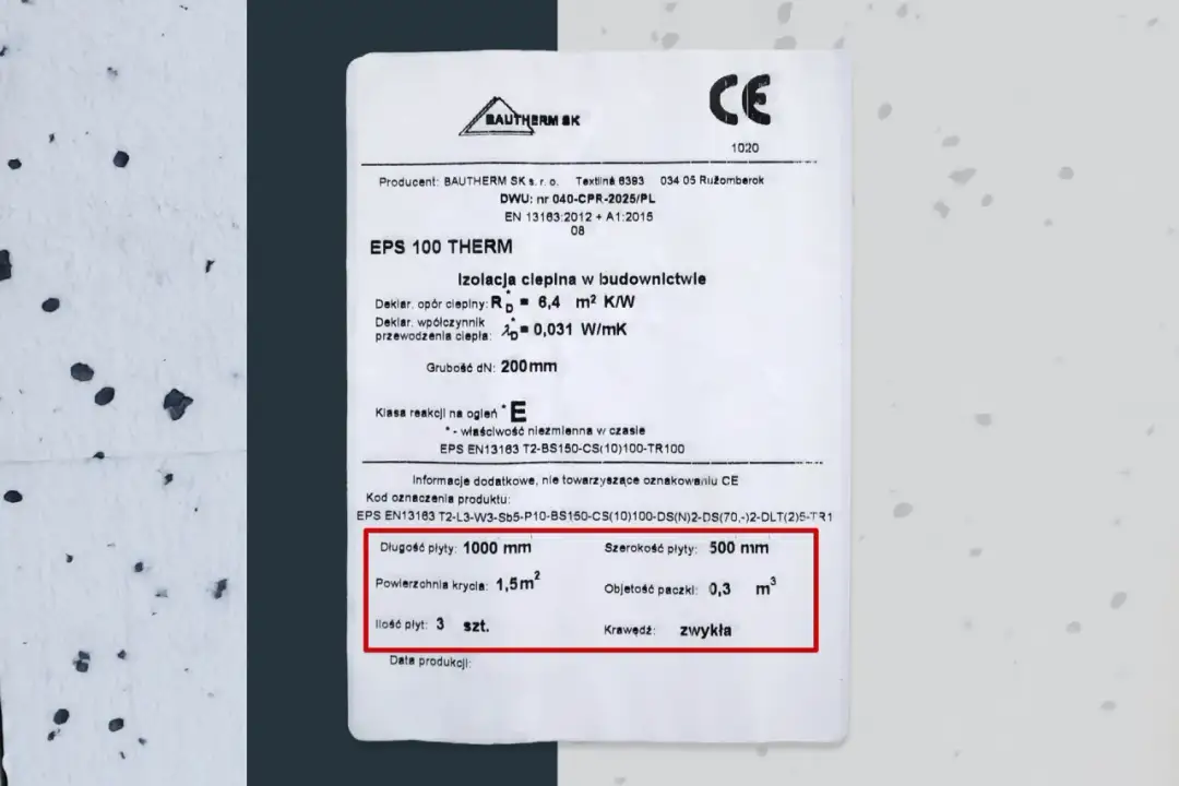 Etykieta produktu z wymiarami płyt styropianowych: długość 1000 mm, szerokość 500 mm, powierzchnia krycia 1,5 m², ilość 3 szt.