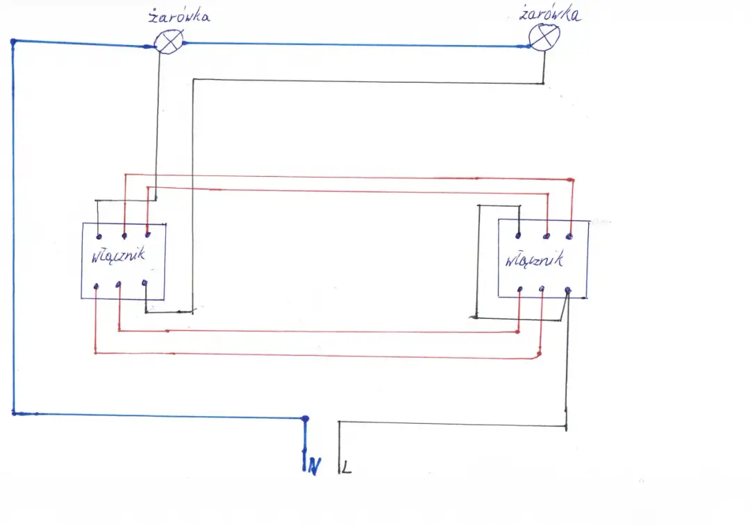 Łącznik schodowy podwójny - schemat podłączenia 2 lamp DIY